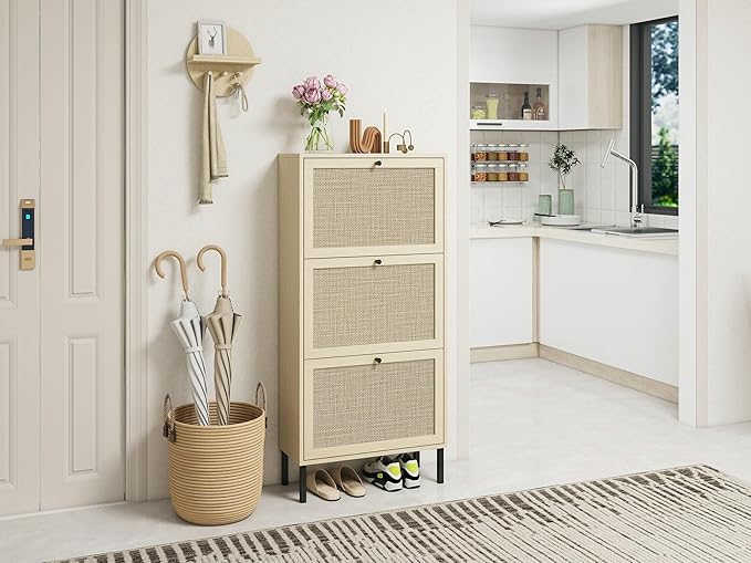 ZeHuoGe Rattan Shoe Cabinet with 3 Flip Drawers, Narrow Hidden Shoe Rack Storage Cabinet for Heels, Slippers, Entrance Hallway Entryway (Natural)