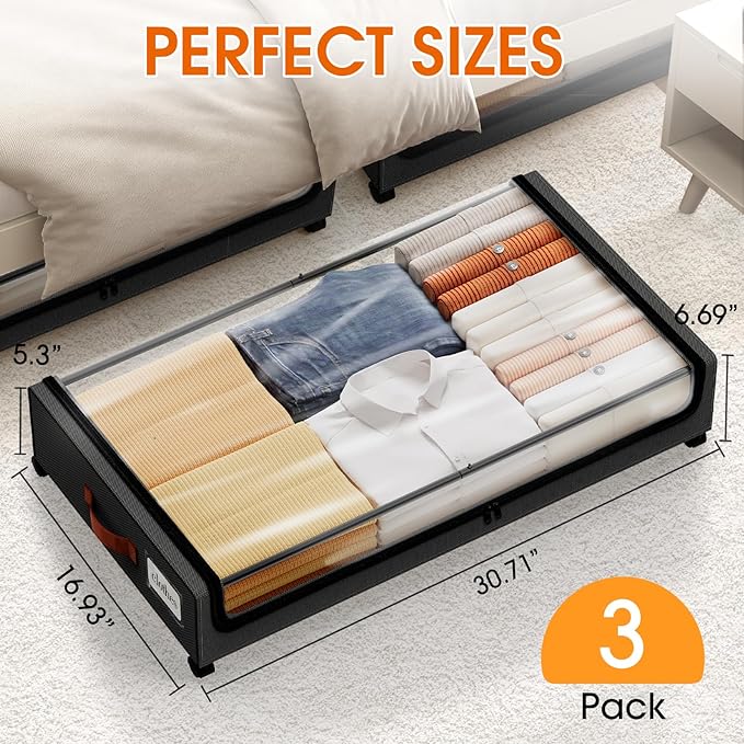 SpaceHacks Under Bed Storage with Wheels 3Pack Storage Containers with Clear Window&Label Under Bed Drawers Rolling Under Bed Storage for Clothes,Shoes, Blankets (30.71 x 16.93 x 6.69 in, Black)