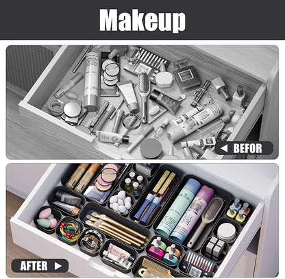 Plastic Drawer Organizers, 10 PCS Drawer Organizer Bins, Bathroom and Vanity Organizer Plastic Tray, Makeup Organizer and Storage for Makeup, Bedroom, Kitchen Gadgets Utensils and Office (Black)