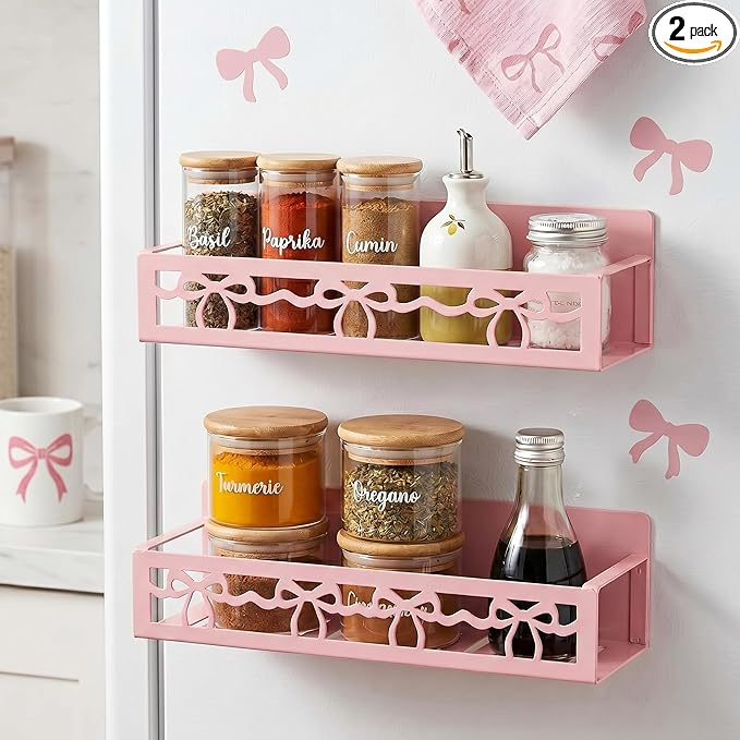 Beeveer 2 Pack Lace Bow Magnetic Spice Rack for Refrigerator Metal Magnet Basket Shelf for Fridge Seasoning Storage Organizers Home Decor Kitchen Accessories (Pink)