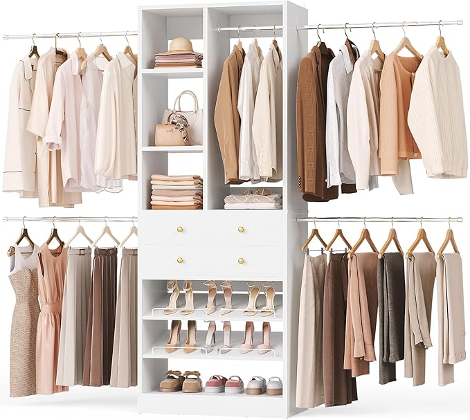 Besiost Closet System, 4.2–8.8 FT Closet Organizer with 2 Wooden Drawers and Shelves, Walk-in Closet System with 5 Hang Rods, Built-in Reach in Closet Tower, Can Fit 60 to 96 inch, White