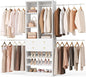 Besiost Closet System, 4.2–8.8 FT Closet Organizer with 2 Wooden Drawers and Shelves, Walk-in Closet System with 5 Hang Rods, Built-in Reach in Closet Tower, Can Fit 60 to 96 inch, White