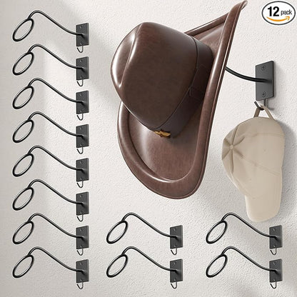 Cinati Cowboy Hat Rack for Wall 12 Pack, Cowboy Hat Holder Wall Mount, Western Rustic Metal Hats Hanger Hooks Organizer for Fedora,Sun Hats,Wide Brim, Extra Hooks for Baseball Caps,Western Room Decor