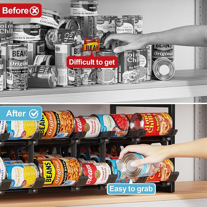 iSPECLE Expandable Can Organizer for Pantry, 2 Pack Large Capacity 120 Cans Can Storage Organizer Pantry Rack, Auto Rolling Dispenser & Stackable Wire Holder for Deep Pantry Shelves, Black