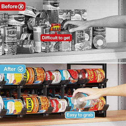 iSPECLE Expandable Can Organizer for Pantry, 2 Pack Large Capacity 120 Cans Can Storage Organizer Pantry Rack, Auto Rolling Dispenser & Stackable Wire Holder for Deep Pantry Shelves, Black