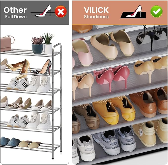 VILICK Shoe Rack for Closet Shoe Organizer Space Saver Storage for 20-25 Pair Shoe Shelf with Hook and Side Pocket Free Standing 5 Tier Shoe Rack Organizer for Entryway,Small Spaces, Grey