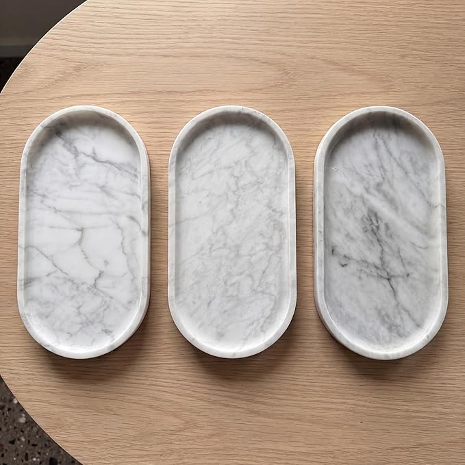 YKAJO Oval Real Marble Tray for Bathroom Kitchen Counter Stone Decorative Vanity Tray for Dresser Perfume Heavy Catchall Organizer for Soap Jewelry (Carrara White, 11.8" x 5.9")