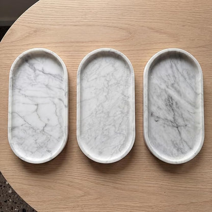 YKAJO Oval Real Marble Tray for Bathroom Kitchen Counter Stone Decorative Vanity Tray for Dresser Perfume Heavy Catchall Organizer for Soap Jewelry (Carrara White, 11.8" x 5.9")