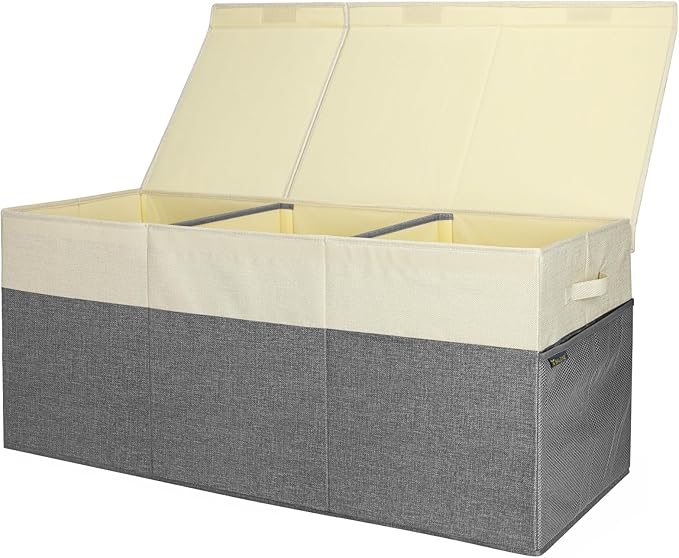 BALEINE Fabric Storage Bins with Lid, Collapsible Extra Large Storage Boxes Bins Baskets with Divider for Home Organizing (37.5"x13"x16", Grey&Beige)