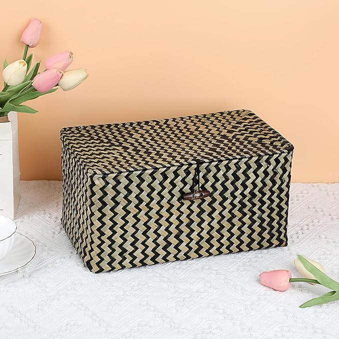Hipiwe Wicker Shelf Baskets with Lid Seagrass Storage Baskets Handwoven Household Organizer Rectangular Woven Organizer Box for Storage Shelf Wardrobe,Medium