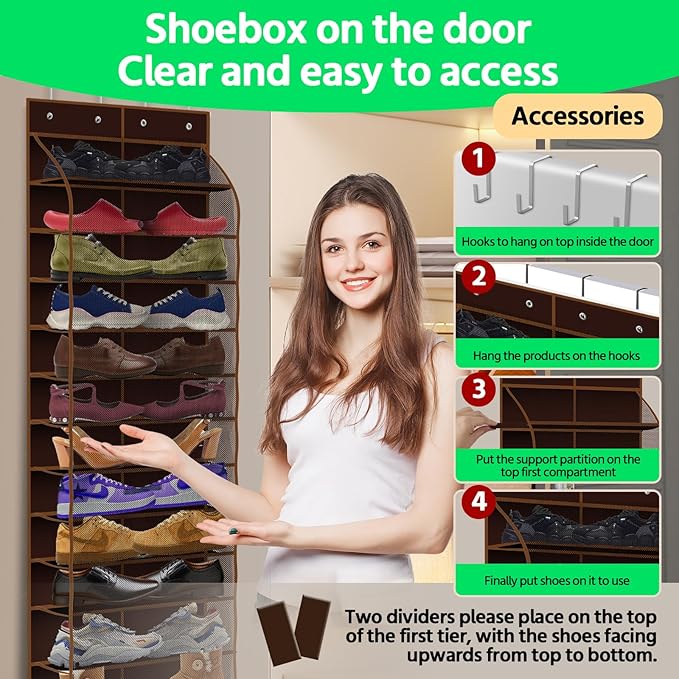 PAULONE 12 Pocket Over the Door Shoe Organizer,Reusable Breathable Large Mesh Bag Men's & Women's Sneaker Organizer,Shoe Organizer for Kids,Hanging Shoe Storage Hanging Bag (Coffee brown)
