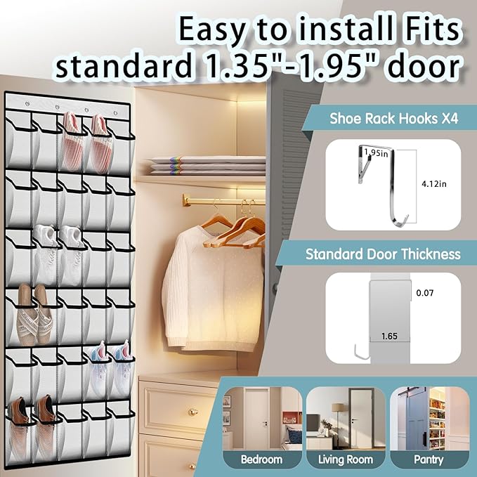 Kotkn Over the Door Shoe Organizer with 30 Breathable Mesh Pockets (2PC-White)