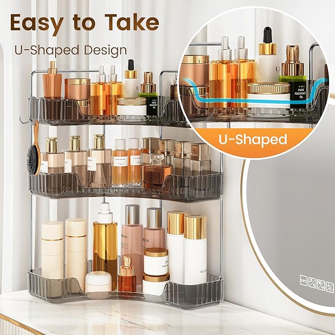 3-Tier Corner Organizer with Hooks, Gray PET Counter Storage | Multi-Purpose for Bathroom Skincare & Kitchen Organization