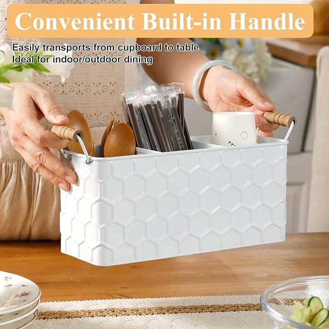 Silverware Caddy for Party Kitchen Flatware Holder for Countertop Metal White Honeycomb Pattern Embossed Cutlery Organizer with 3 Compartments for Utensils, Spoons, Knives, Forks, Cups,