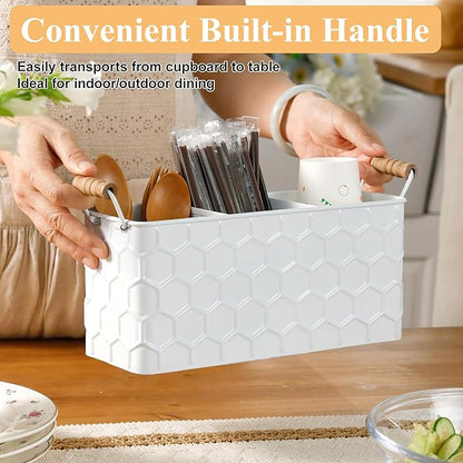 Silverware Caddy for Party Kitchen Flatware Holder for Countertop Metal White Honeycomb Pattern Embossed Cutlery Organizer with 3 Compartments for Utensils, Spoons, Knives, Forks, Cups,
