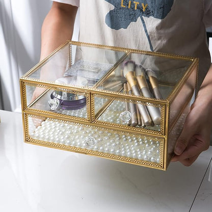Vellon Gold Glass Box Makeup Organizer, Glass Jewelry Drawer, Vintage Jewel Organizer, Desktop Cosmetic Storage, Makeup Container, Keepsake Case with Golden Lace Decoration, 2 Tiers