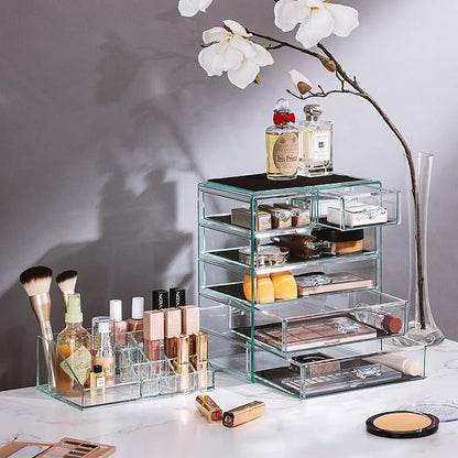 Sorbus Acrylic Makeup Organizer Set, 6-Drawer Vanity & Countertop Cosmetic Storage with Small & Wide Compartments, Teal Thrill Makeup Storage for Brushes, Jewelry – Holiday Gift for Women & Teens
