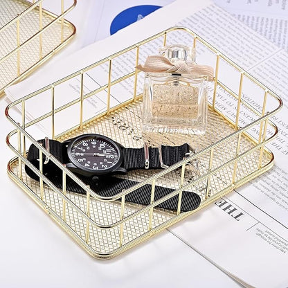 2Pcs Gold Basket Bathroom Organizer Storage Basket for Decor Desktop Exquisite Vanity Dresser Ornament Office Stationery Home(9.65 * 6.5 * 2.75inch)