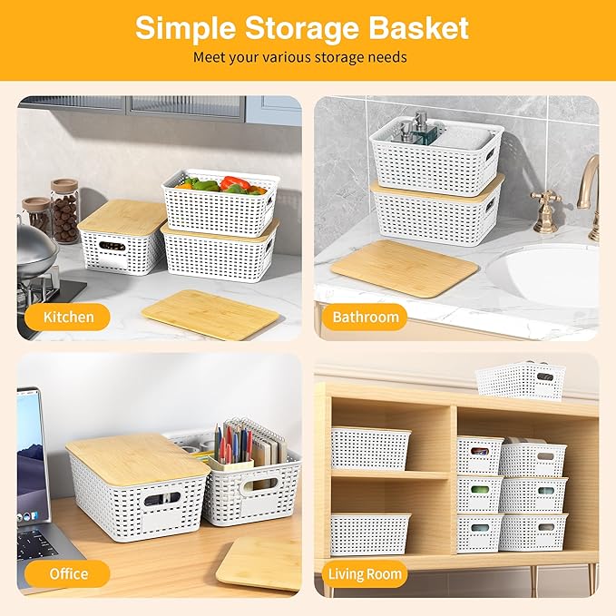 Plastic Storage Baskets with Bamboo Lids and Labels, Stackable Storage Containers, Storage Bins for Organizing Shelves Drawers Desktop Closets Office, 6 Packs-White