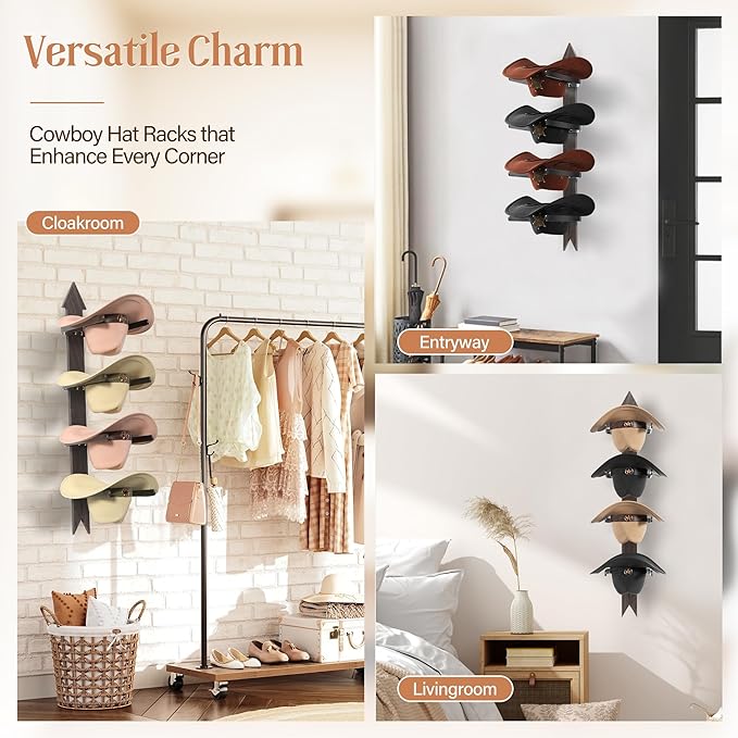 Cowboy Hat Rack for Wall, Cowboy Hat Holder Wall Mount Holds up to 4 Hats, Wooden Western Rustic Metal Hat Hanger with Arrow Sign Board, Hat Organizer for Western Hat, Fedora, Sun Hats (2 pack)