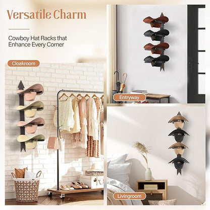 Cowboy Hat Rack for Wall, Cowboy Hat Holder Wall Mount Holds up to 4 Hats, Wooden Western Rustic Metal Hat Hanger with Arrow Sign Board, Hat Organizer for Western Hat, Fedora, Sun Hats (2 pack)