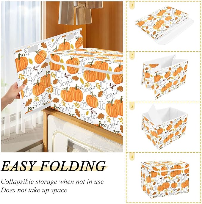 senya Thanksgiving Baskets Collapsible Storage Bins with Lids, Pumpkin Leaf Fall Autumn Thanksgiving Storage Boxes Clothes Baskets for Organizing