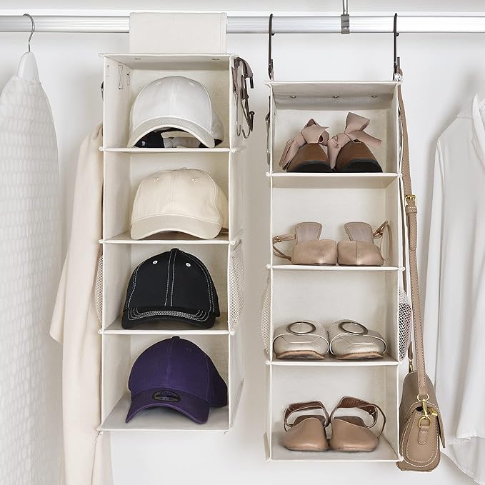 StorageWorks Hat Rack 8-Shelf Hanging Hat Organizer, Two Separate 4-Shelf Hat Storage, Baseball Cap Organizer for Closet, Canvas, Beige, 12 ¼"D x 9 ½"W x 54 ½"H