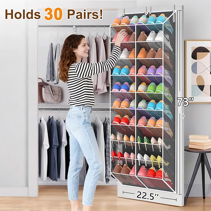 20-30 Pairs Over the Door Shoe Organizer, Breathable Mesh Pocket Hanging Shoe Storage for Closet, 10-Tier Door Shoes Rack, Handing Shoes Holder Fit All the Family's Sneakers, Boots, Heels, Dark Grey
