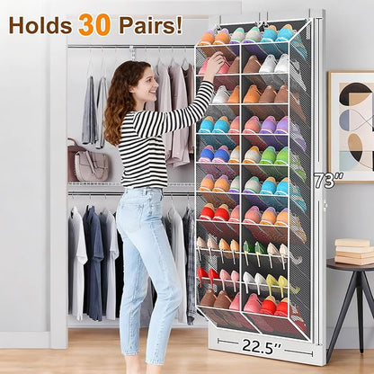 20-30 Pairs Over the Door Shoe Organizer, Breathable Mesh Pocket Hanging Shoe Storage for Closet, 10-Tier Door Shoes Rack, Handing Shoes Holder Fit All the Family's Sneakers, Boots, Heels, Dark Grey