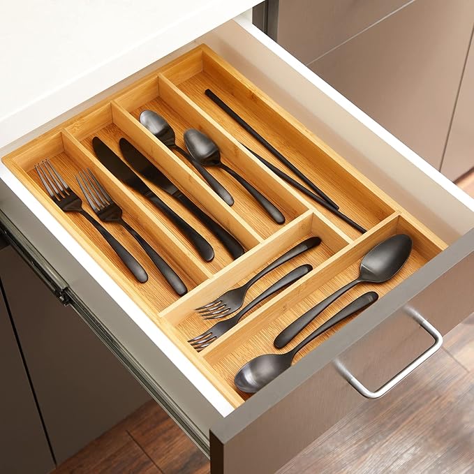 Juvale Kitchen Drawer Organizer Tray - 17 x 11.75 x 1.75 in, Natural Wood, 6-Slot Utensil & Cutlery Organizer - Silverware Holder & Storage Tray