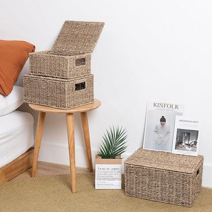 Wicker Storage Baskets with Lid, Hand-Woven Rectangular Wicker Basket with Lid for Bedroom & Living Room, Nesting Rattan Basket with Lid for Shelves (Seagrass, Set of 3）