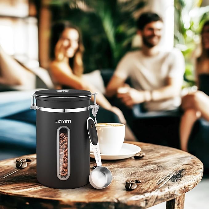 Coffee Canisters with Window,Scoop and Airtight Lid Stainless Steel Kitchen Bean Storage Grounds Container（22OZ/Black)Date Tracker and Scoop for Grounds Coffee Bar Accessories Beans, Cereal, Sugar
