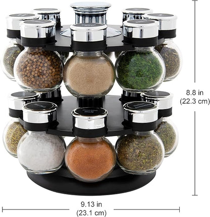 Kamenstein 16 Jar Ellington Revolving Countertop Spice Rack with Lift & Pour Caps and Spices Included, FREE Spice Refills for 5 Years: Black and Chrome