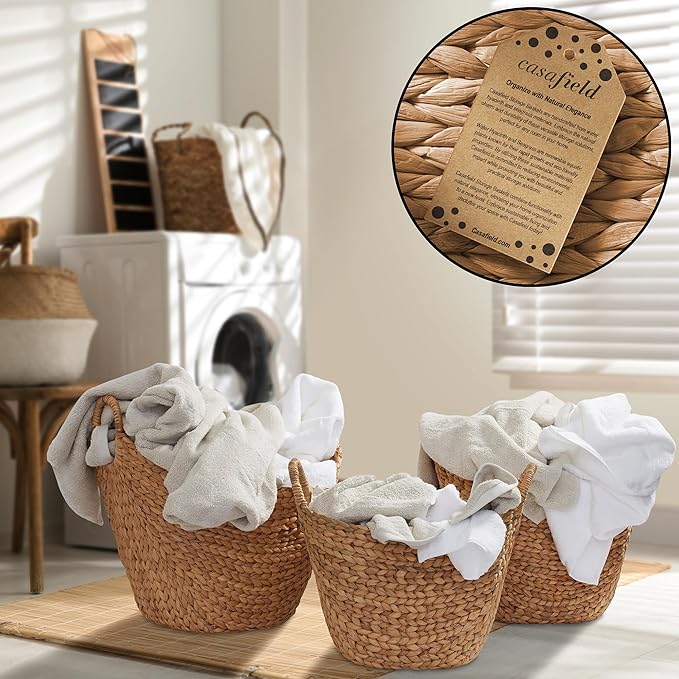 Casafield Set of 3 Multipurpose Boat Baskets with Handles - Cinnamon, Woven Water Hyacinth Storage Organizers for Throw Blankets, Bedroom, Laundry