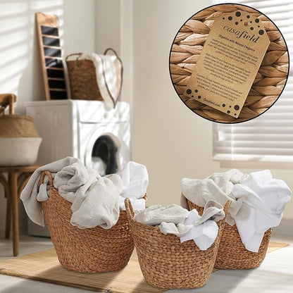 Casafield Set of 3 Multipurpose Boat Baskets with Handles - Cinnamon, Woven Water Hyacinth Storage Organizers for Throw Blankets, Bedroom, Laundry