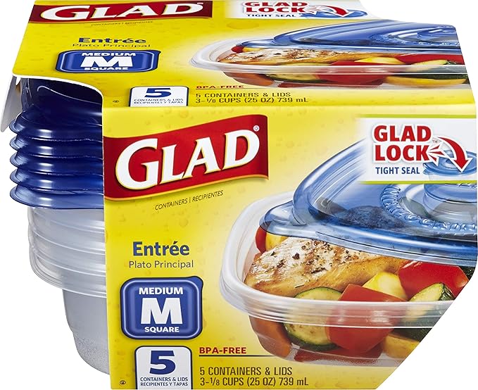Glad GladWare Entree Food Storage Containers with Lids, Medium Square No BPA Plastic for Meal Prep and Lunches, Lock Tight Seal, Microwave and Dishwasher Safe, 25 Oz, 5 Count - 6 Pack