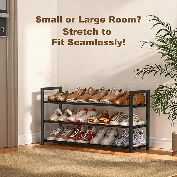 Roylvan 3-Tire Expandable Shoe Rack for Closet, 17"-31" Adjustable Free Standing Shoe Shelf Storage Fits 6-12 Pairs Shoes, Heavy Duty Reinforced Metal Shoes Organizer for Entryway Doorway Dorm