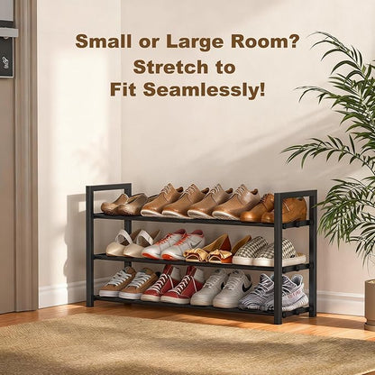Roylvan 3-Tire Expandable Shoe Rack for Closet, 17"-31" Adjustable Free Standing Shoe Shelf Storage Fits 6-12 Pairs Shoes, Heavy Duty Reinforced Metal Shoes Organizer for Entryway Doorway Dorm