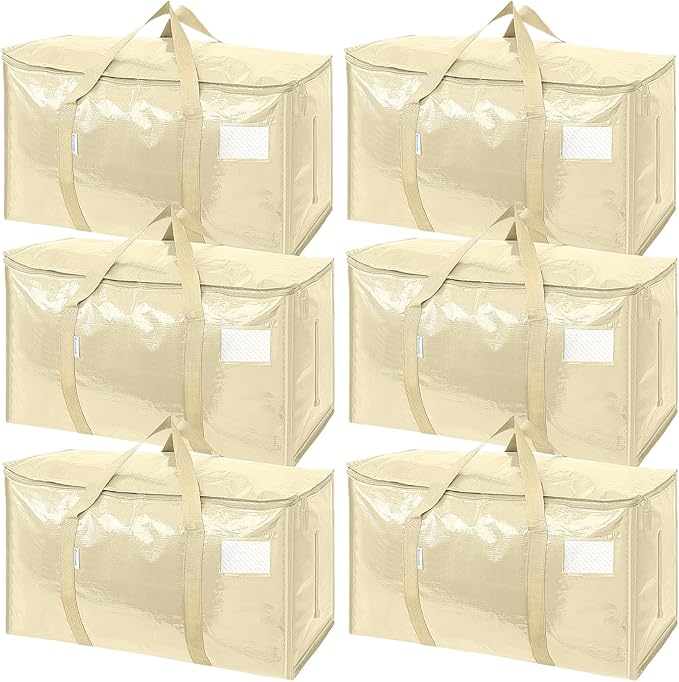 TICONN 6 Pack Extra Large Moving Bags Heavy Duty with Zippers & Carrying Handles, Durable Storage Bags Moving Boxes for Closet Organizers and Storage (6 Pack, Cream)