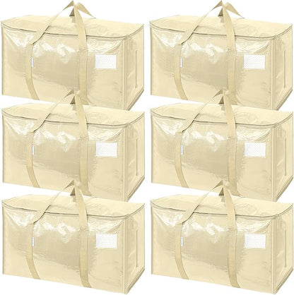 TICONN 6 Pack Extra Large Moving Bags Heavy Duty with Zippers & Carrying Handles, Durable Storage Bags Moving Boxes for Closet Organizers and Storage (6 Pack, Cream)