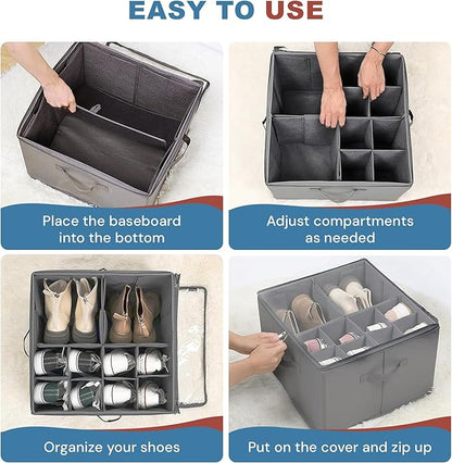 Under Bed Shoe Storage Organizer 16 Compartment, Foldable Shoe Organizer Under Bed with Clear PVC Lid, Shoe Storage Box with Zipper & Handle for Closet Bedroom, Grey, Pack of 2