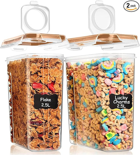 Shazo 2 Pack (15.4 Oz Cereal Capacity) Small Airtight Cereal Containers Storage with Lids, Perfect Space Saving BPA-Free Plastic Container, Pantry Organization and Canister for Rice, Sugar & Flour