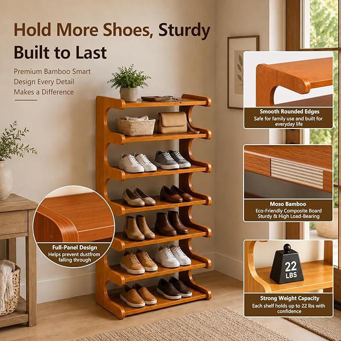 Vertical Narrow Shoe Rack, 7 Tier Shoe Storage Rack for Entryway, Free Standing Multi Layer Wooden Shoe Rack for Corridors, Bedrooms Living Room Corner And Small Spaces (7 Tier/W-50cm)