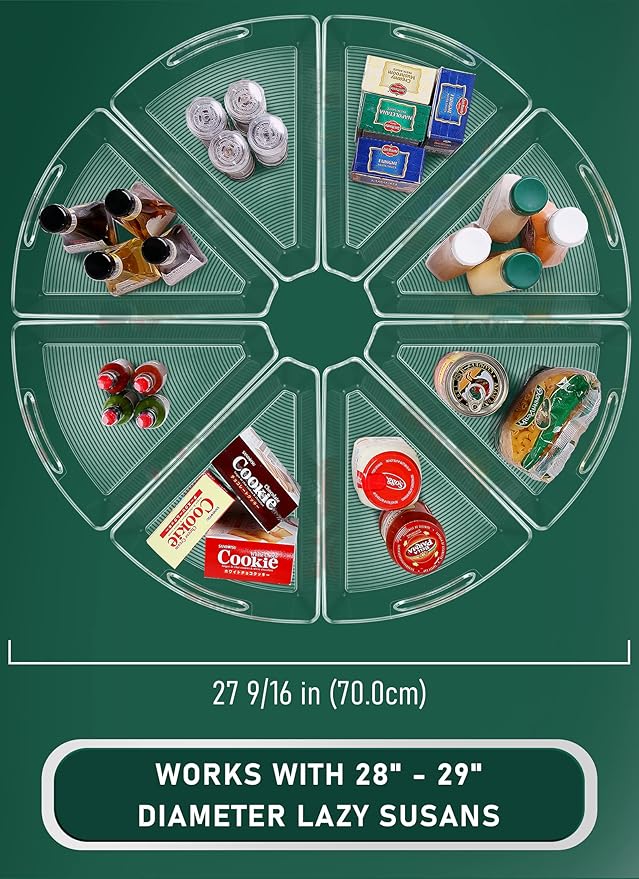 JEISSLIA Lazy Susan Cabinet Organizer Bins for 26"/ 28"/ 32" Diameter Corner Organizer, Plastic Cabinet Storage Bin, 1/8 Wedge - Food Safe, BPA Free, with Non-Slip Pads (for 28" Diameter, 8 Pack)