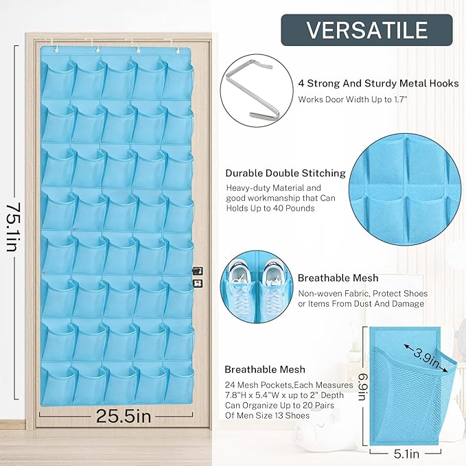 40-Pocket Over the Door Shoe Organizer - Large Mesh Pocket Hanging Shoe Organizer,Behind the Door Shoes Storage Holder Hanger