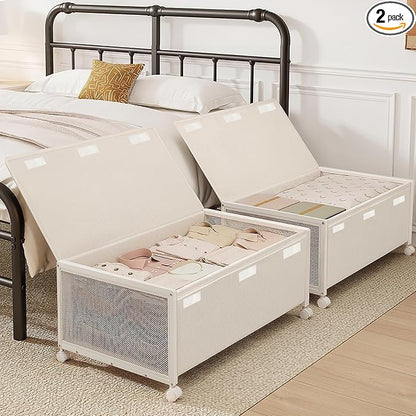 2 Pack Under the Bed Storage Containers,12 inch Height Under Bed Shoe Storage,31inch Long Underbed Storage with Wheels,Large Rolling under bed Clothes Storage Drawers with Lid for Dorm Tall,Ivory