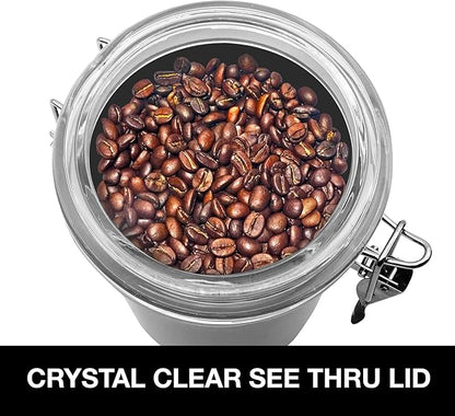 Oggi Stainless Steel Kitchen Canister 26 fl oz - Airtight Clamp Lid, Clear See-Thru Top - Ideal for Kitchen Storage, Food Storage, Pantry Storage. Size 5" x 3.5".