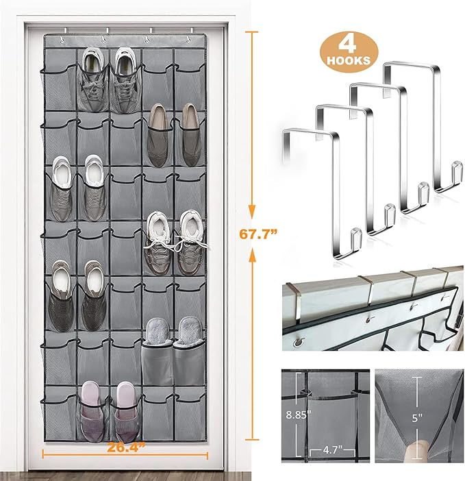 35 Large Pockets Over The Door Shoe Organizer – Sturdy Oxford Fabric Hanging Shoe Rack with Mesh Pockets, Door Shoe Rack with 4 Metal Hooks, Space-Saving Shoe Holder for Closet, Gray