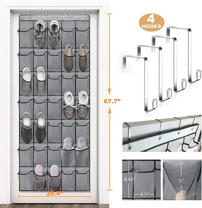 35 Large Pockets Over The Door Shoe Organizer – Sturdy Oxford Fabric Hanging Shoe Rack with Mesh Pockets, Door Shoe Rack with 4 Metal Hooks, Space-Saving Shoe Holder for Closet, Gray