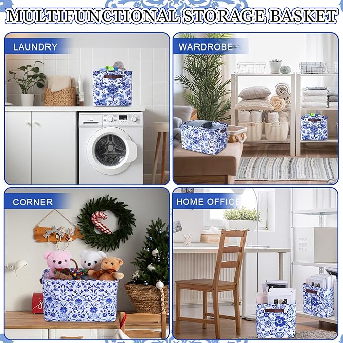 Geelin 3 Pack Blue and White Chinoiserie Storage Baskets, Large Foldable Decorative Storage Bins with Handles, Blue Floral Canvas Organizer Boxes for Closet Shelf Nursery Bedroom Home Organization